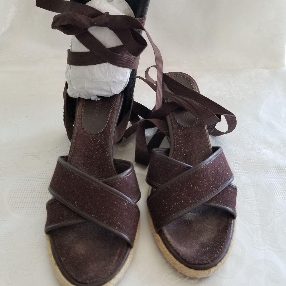 Adorable Kelly & Kate Espadrille Ribbon Sandals "Keystone" Brown/Gold Sz8.5M